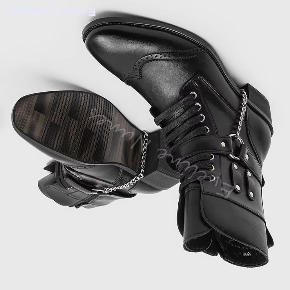 Motorcycle Chain - Punk-Metallketten-Nieten-Kampfstiefel für Herren, spitze Brogue-Stiefel mit