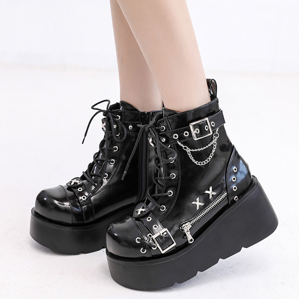 Motorcycle Chain - Brandneue Damen Goth Plateau-Stiefeletten Mode Schnallen-Reißverschluss